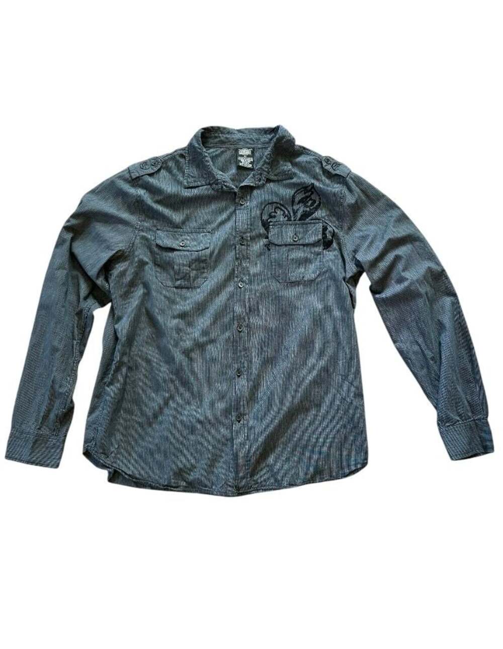 MMA Elite Men's Long Sleeve Button Down Shirt Grey Striped Embroidered XL